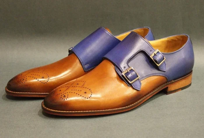 purple brown double monk strap shoes