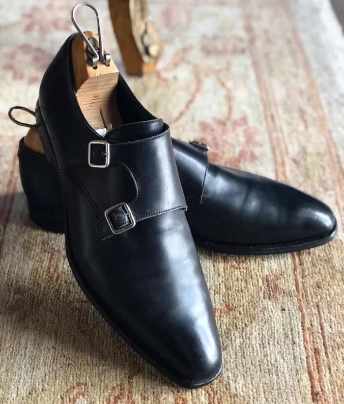 black leather double monk strap shoes